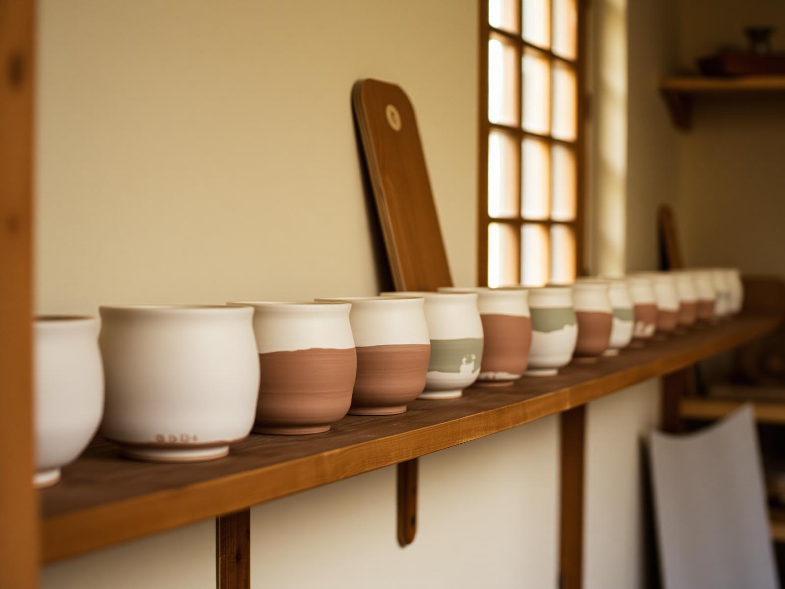A long studio shelf of finished ceramic cups, lit by a window.