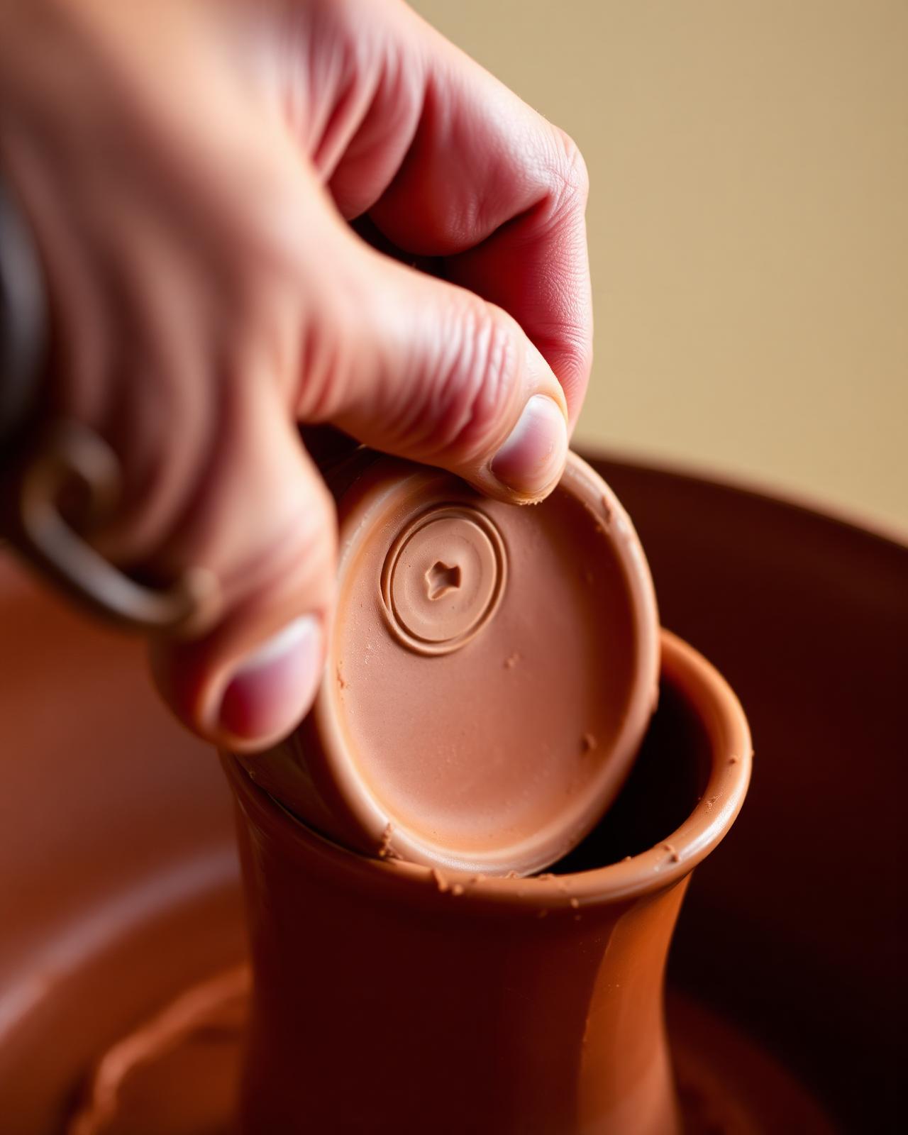 A hand pressing a small circular stamp into the wet clay base of a mug.