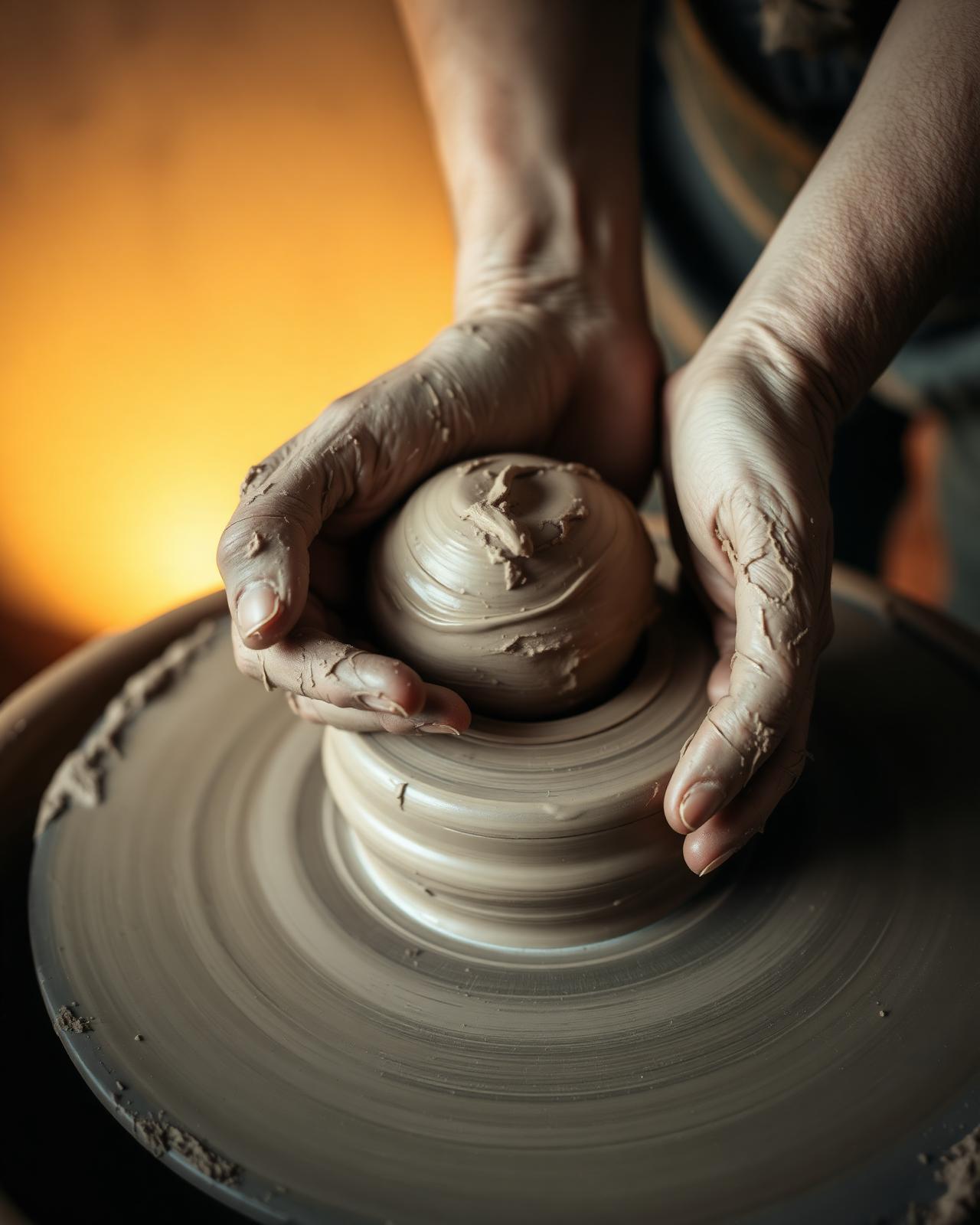 Clay-covered hands centering wet clay on a pottery wheel.